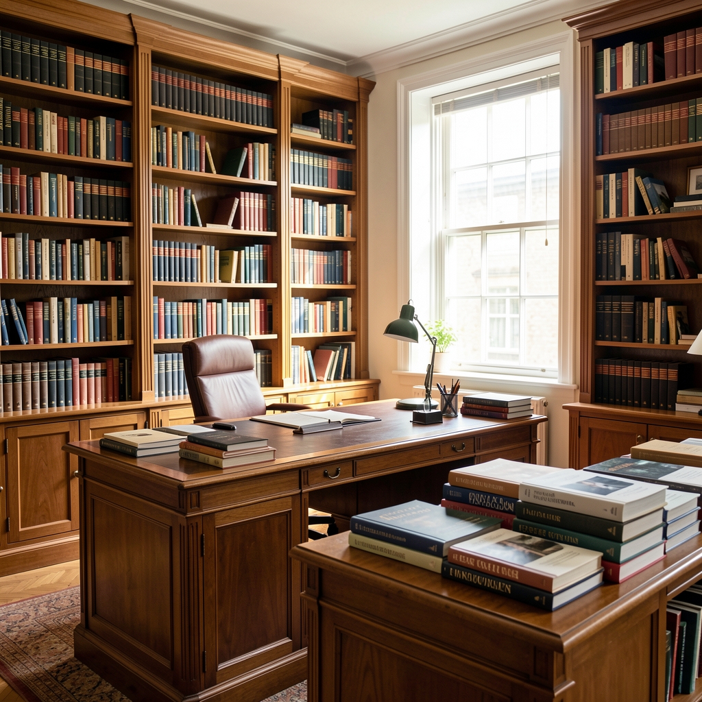 Well-lit independent editorial office with large bookshelves, a writing desk, and stacked research journals — calm, scholarly and institutional atmosphere