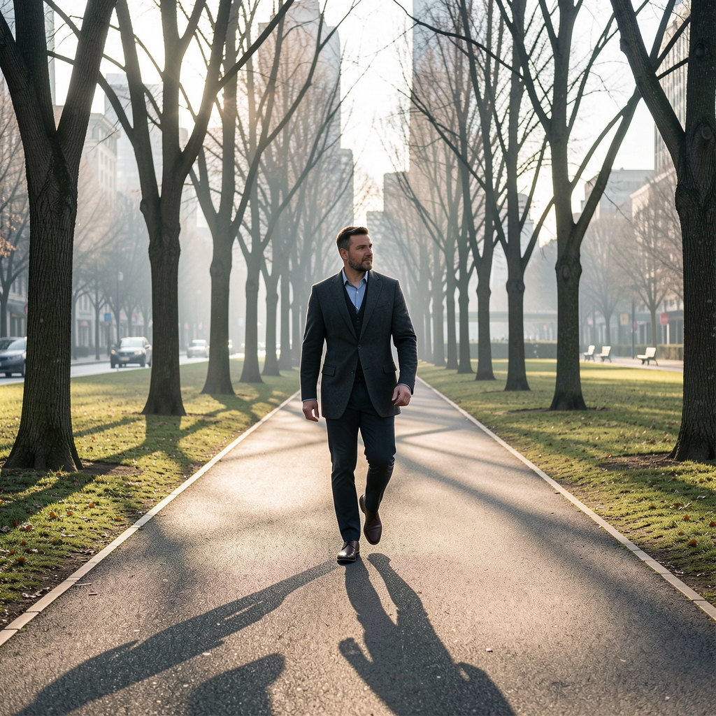 Man walking along a tree-lined path in a city park during early morning, long shadows on the ground, crisp clean air atmosphere, purposeful solitary stride