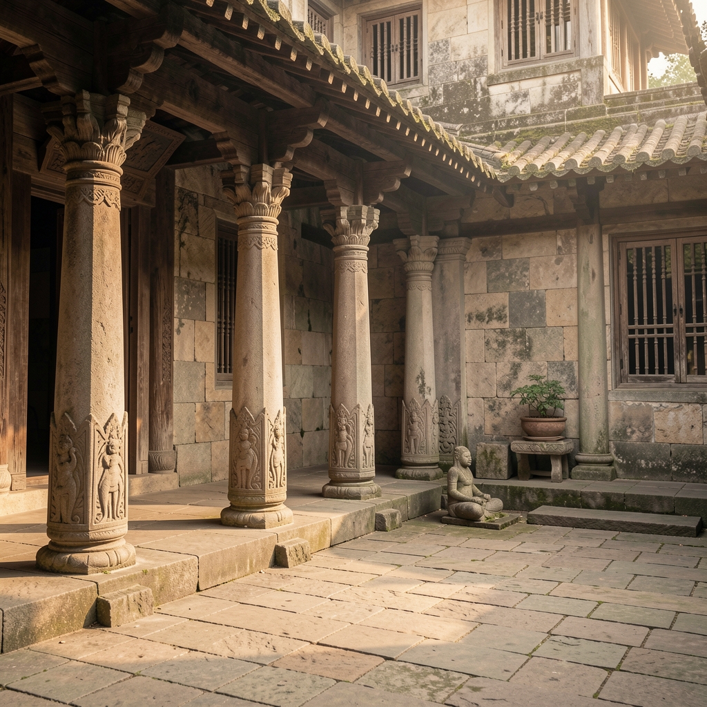Ancient stone courtyard of a historical Asian building with carved columns and soft morning light, aged texture of stone walls, contemplative and timeless atmosphere