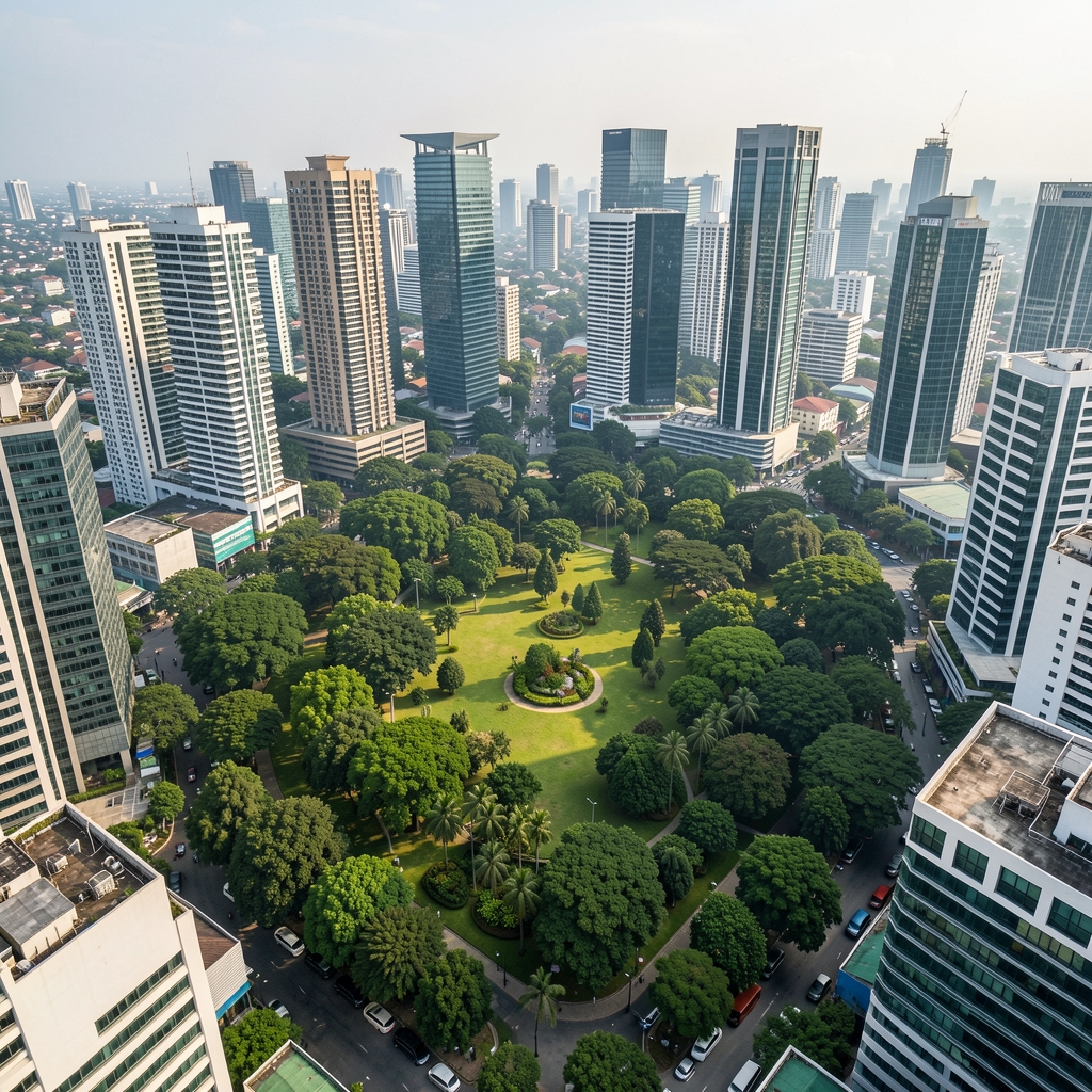Aerial view of a green urban park surrounded by modern city buildings in Jakarta, natural greenery contrasting with dense architecture, environmental balance concept