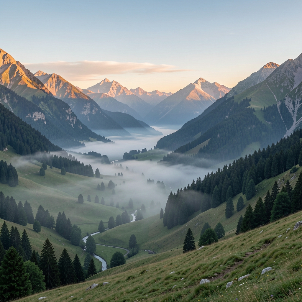 Expansive view of a quiet mountain valley at dawn with mist in the valleys and warm light on the peaks, serene and contemplative landscape