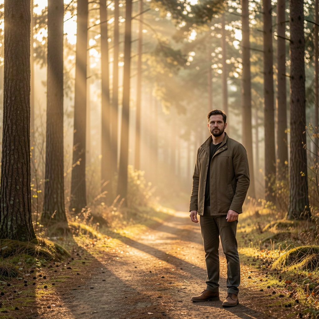 Man standing at the edge of a calm forest trail at early morning, soft golden light filtering through tall trees, atmospheric and contemplative mood
